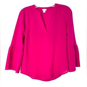 J Crew Women Size XS Fuchsia Pink Silky Polyester V Neck Top Bell Sleeve